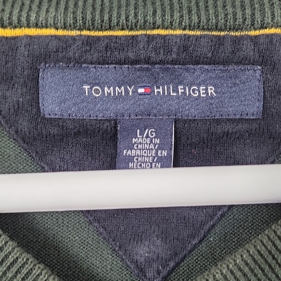 Tommy Hilfiger Men Argyle V Neck Sweater Size L Green Yellow Y2K Academia Jumper - Picture 4 of 11